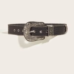 Vintage black leather belt with crocodile texture and engraved silver star buckle