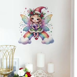 Christmas fairy wall sticker with rainbow and stars in a cozy home living room setting