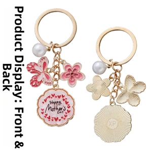 Front and back view of Mother's Day keychain with pink enamel butterfly and pearl charms