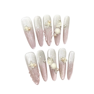 Pink gradient long trapezoid handmade press-on nails with 3D starfish and pearl ocean charms