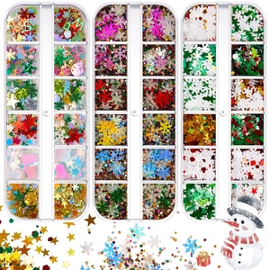 Three storage boxes of colorful Christmas nail glitters with snowflakes and stars shapes