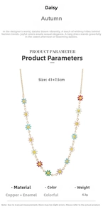 Detail of colorful enamel daisy necklace made of copper with length and weight specifications