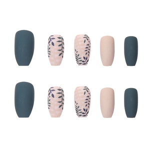 Short ballet frosted press-on nails in dark green and pink with leaf textures