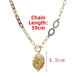 Detailed view of the gold leaf pendant necklace with chain length measurements and pearl charm