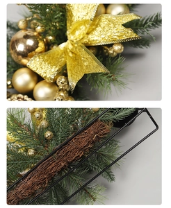 Detail of Christmas candle holder showing gold baubles and natural rattan base structure