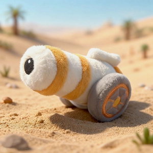 Creative cannon plush toy in orange and white stripes with desert background setting