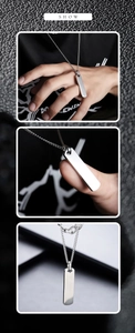 Dettaglio del ciondolo rettangolare in argento lucido con catena minimalista ed elegante