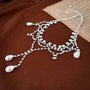 Copper Zircon Rhinestone Waterdrop Tassel Choker Necklace Multi Layer Fringe Silver Tone Wedding Evening Jewelry For Women