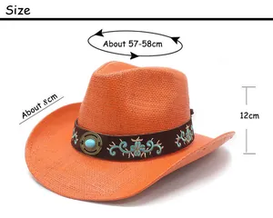 Size chart for orange straw western cowboy hat showing brim, height and circumference