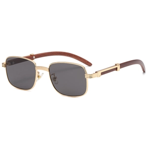 Retro square sunglasses with gold metal frame, dark grey lenses and wood grain temples