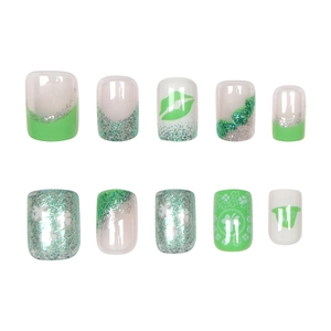 Short square St. Patrick's Day press-on nails with green clover designs and glitter