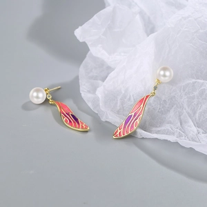 Elegant pearl earrings with pink purple gradient enamel cicada wing pendants in gold