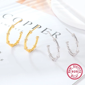 925 Sterling Silver Twist Hoop Earrings For Women Minimalist Rhinestone Inlaid Gold Silver C-Shaped Stud Earrings Fashion Jewelry