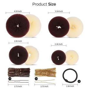 Detailed size guide for bun makers and bobby pins in dark brown and gold shades