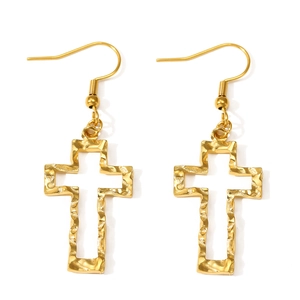 Golden hollow cross drop earrings with hammered metal texture for women
