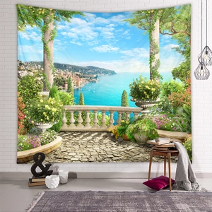 Detailed Mediterranean sea view tapestry featuring blue bay and floral terrace decoration