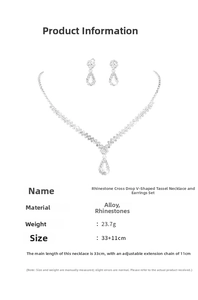 Detailed view of silver necklace and teardrop earring set with rhinestones and fringe
