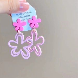 Gros plan de boucles d'oreilles fleur rose avec tiges argent 925 et motif ajouré