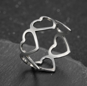 Minimalist silver stainless steel open ring with interlocking hollow heart patterns