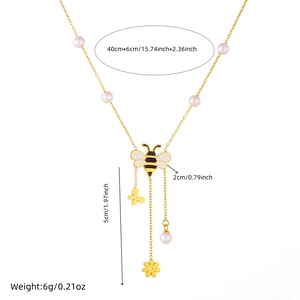 Golden pearl bee pendant necklace with flower tassel chain and dimension specifications