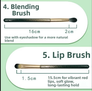 Detail of green glitter makeup brushes with exact handle and bristle measurements
