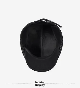 Detail of warm fleece lining and adjustable strap on men's winter wool flat cap