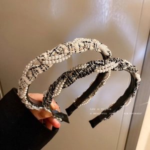 Elegant Tweed Fabric Headband With Faux Artificial Pearl Twisted Braided Hair Hoop Retro Style For Women Non-Slip Headwear