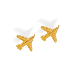Minimalist gold airplane stud earrings for women with polished titanium steel finish
