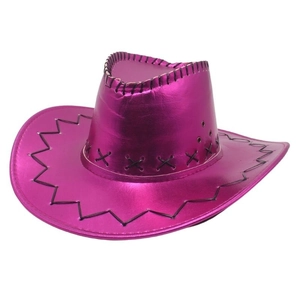 Metallic shiny pink western cowboy hat with black stitching and ventilation holes