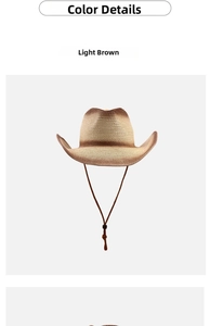 Close-up of light brown woven cowboy hat with adjustable chin strap and gradient edge