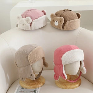 Cute winter warm bear trapper hat for children with plush lamb wool lining and ear flaps