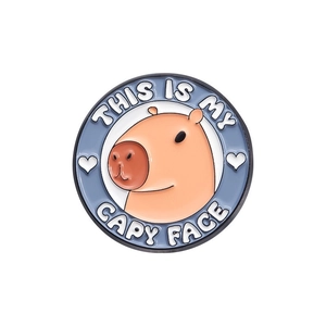 Cute Capybara enamel pin badge with This Is My Capy Face slogan on blue background