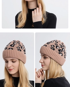 Detail of leopard print knitted beanie showing thick ribbed cuff and soft winter texture