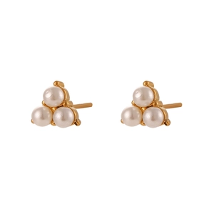 Minimalist gold stud earrings with three white pearls arranged in a triangle for women