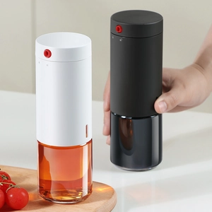 Leak-proof glass oil dispenser bottles with squeeze buttons for kitchen oil and vinegar