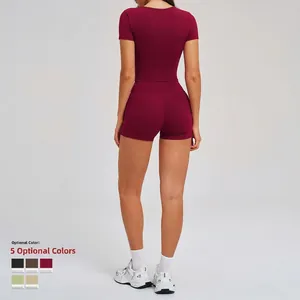 Women's burgundy tight-fitting yoga short sleeve top and high waist sports shorts set