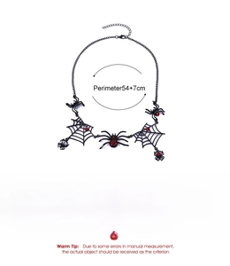 Detailed size chart for black Halloween spider web necklace with red gems and measurements