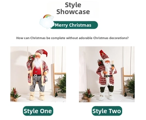 Detail of standing Santa Claus figures with red knit sweaters and Nordic pattern coats
