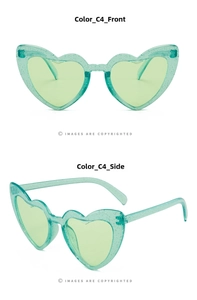 Front and side view of heart-shaped glitter mint green sunglasses for women