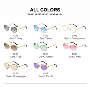 Close-up of rimless diamond-cut sunglasses collection in eight vibrant lens colors