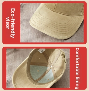 Detail view of khaki canvas baseball cap with reinforced brim stitching and inner sweatband