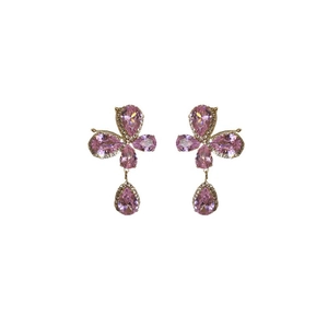 Pink crystal butterfly drop earrings with gold finish and rhinestone details on white background