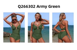 Army green one-piece swimsuit featuring halter V-neck and metal ring detail