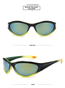 Front and side views of Y2K sports sunglasses with black yellow gradient frames