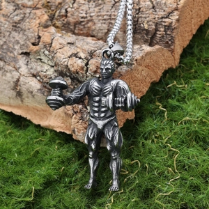 Pendentif musculation avec haltère sur écorce moussue en acier argenté vintage