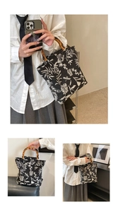 Detailed views of ethnic canvas tote bag with bamboo handles and floral embroidery