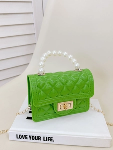 Mini green jelly handbag with diamond lattice pattern, pearl handle and gold chain
