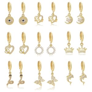 Gold Plated Copper Huggie Hoop Earrings With Zircon Heart Butterfly Snake Star Moon Charms For Women