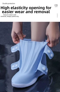 Close-up of light blue waterproof silicone shoe cover with double button fasteners