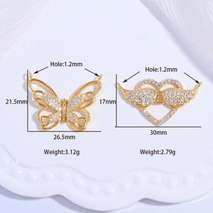 S925 sterling silver gold butterfly and winged heart charms with crystal inlay